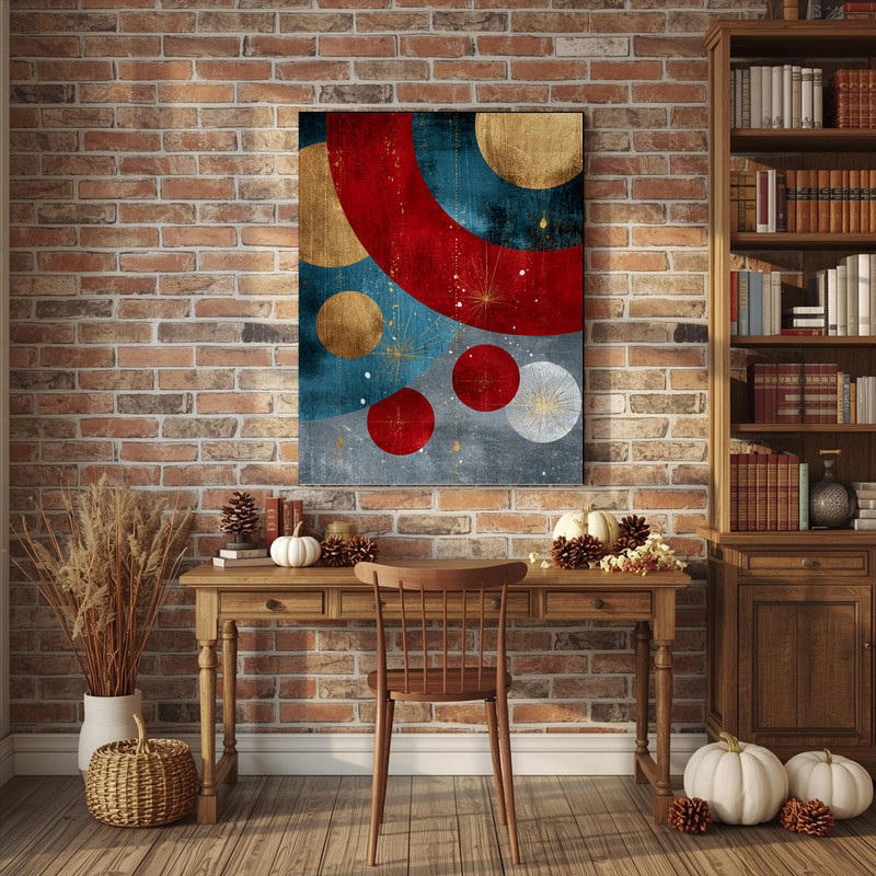 Abstract Christmas ornament canvas wall art, cheerful red and green palette, thoughtful holiday gift for a college dorm room.