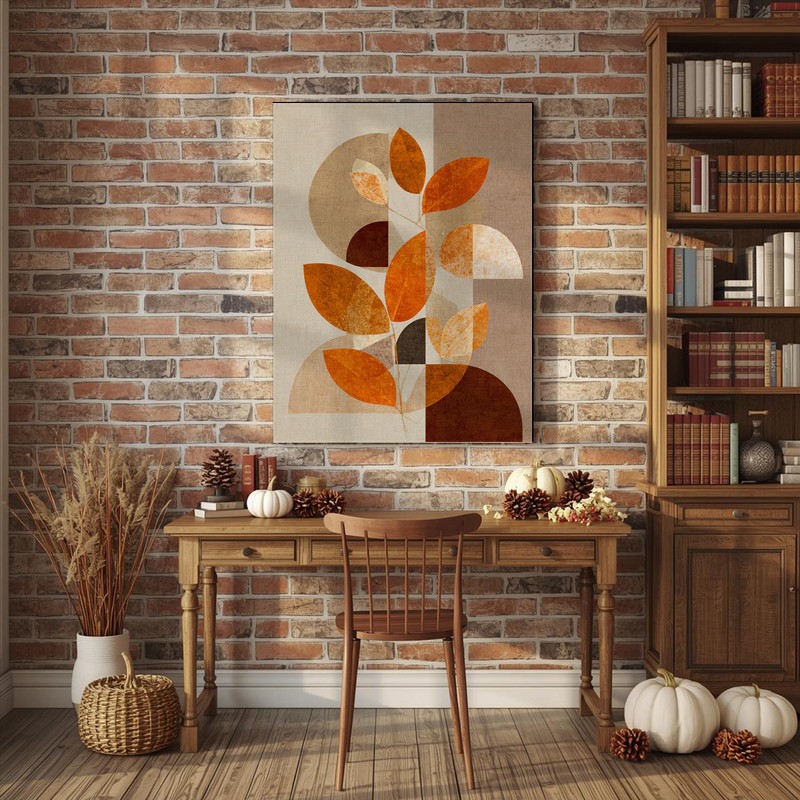 Abstract Thanksgiving leaves canvas wall art, geometric leaf silhouettes in ochre tones, square print for dorm room style Abstract Thanksgiving leaves canvas wall art, geometric leaf silhouettes in ochre tones, square print for dorm room style