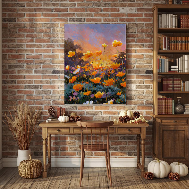 Amber Horizon canvas wall art with impressionist anemone field at dusk, amber horizon and gradients elevate decor