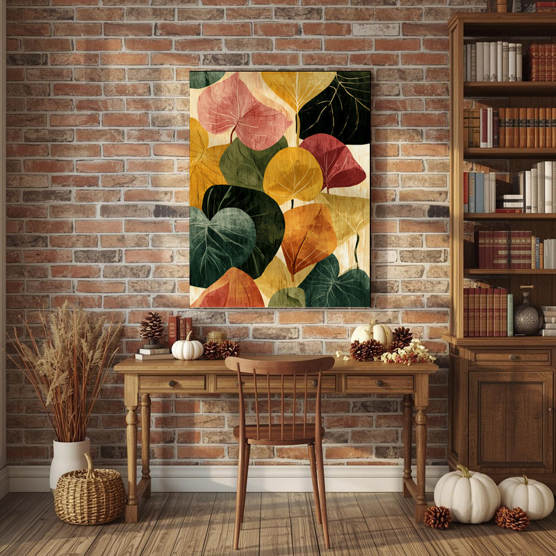 Autumn Bloom canvas wall art, warm-toned botanical print with gold highlights, ideal above a dorm bed or study desk