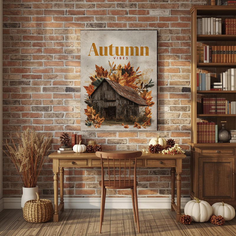Autumn vibes canvas wall art for dorm room decor, warm fall tones with leaves and pumpkins, Thanksgiving gift for students