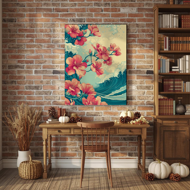 Azaleas and ocean waves floral canvas wall art, boho coastal aesthetic in muted blue and blush, ideal for beach house