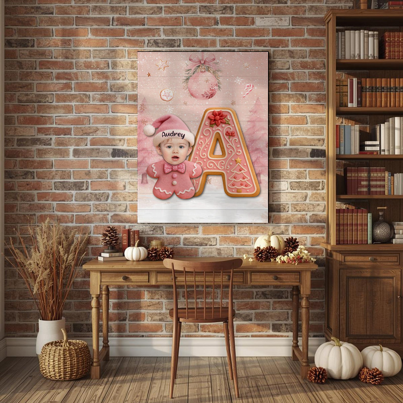 Baby pink gingerbread canvas wall art for baby's first holiday, personalized initial and photo, soft pastel nursery keepsake Baby pink gingerbread canvas wall art for baby's first holiday, personalized initial and photo, soft pastel nursery keepsake