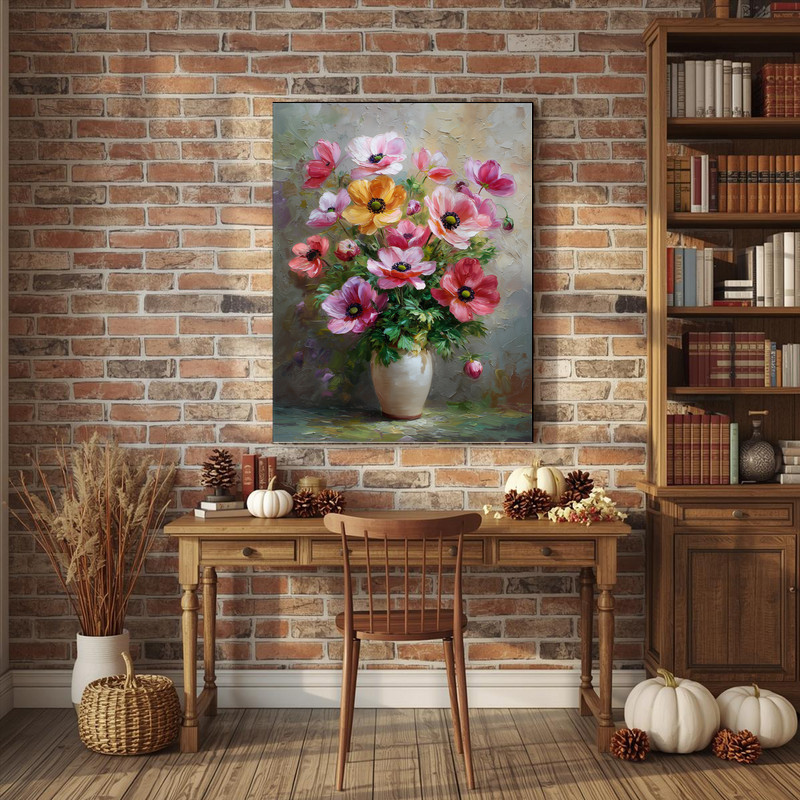 Anemones canvas wall art with lush stems in a ceramic vase, classic botanical artwork to elevate office or study walls. Anemones canvas wall art with lush stems in a ceramic vase, classic botanical artwork to elevate office or study walls.