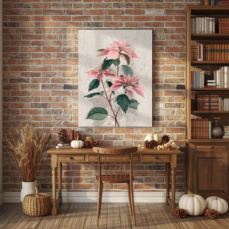 Blush pink poinsettias canvas wall art, vintage botanical illustration, thoughtful holiday gift for gardeners