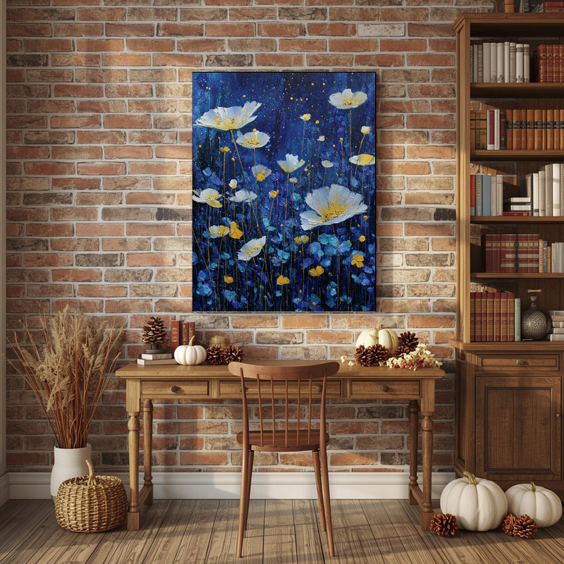 Anemones Beneath The Stars canvas wall art depicting a floral garden under a night sky cosmic ambiance suited for home office