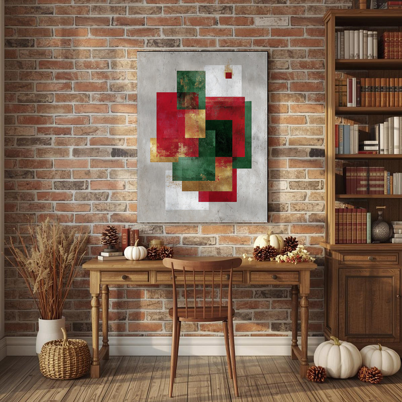 Christmas abstract canvas wall art, clean minimalist red stripe and evergreen field, frameless edge wrap ideal for dorm rooms