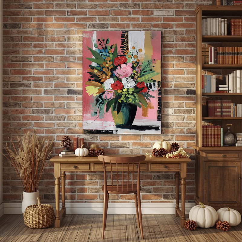 Christmas cheer abstract vase canvas wall art with green and crimson palette, stylish dorm room decor gift for college