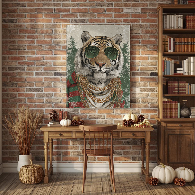 Christmas tiger canvas wall art, retro comic style with candy canes, square canvas makes playful holiday dorm room decor