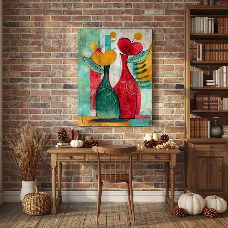 Minimal abstract Christmas flower vase canvas wall art, clean composition and subtle holiday colors to brighten a dorm room