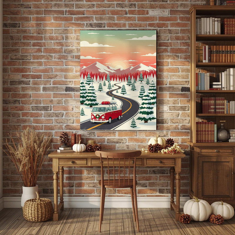 Christmas journey canvas wall art capturing a festive road under a starry sky, warm glow, dorm room wall decor, landscape