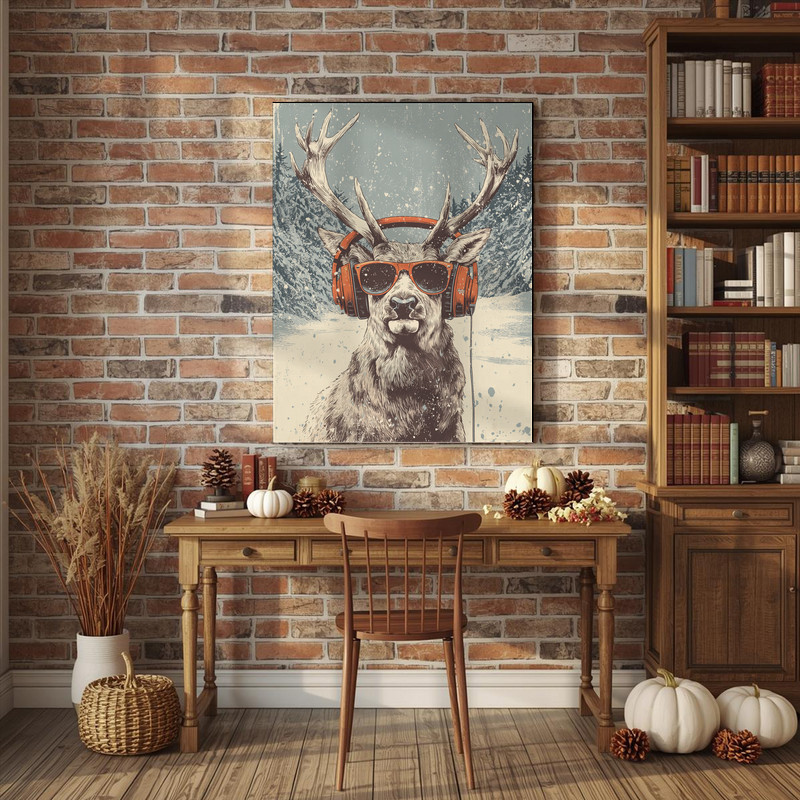 Christmas reindeer canvas wall art with pop art flair, gold star accents and textured canvas look, dorm room decor, landscape Christmas reindeer canvas wall art with pop art flair, gold star accents and textured canvas look, dorm room decor, landscape