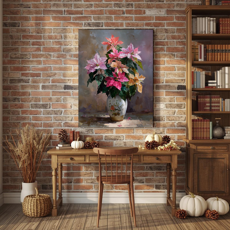 Colorful poinsettias vase canvas wall art, realistic oil still life of vibrant red bracts in vase, mantel decor