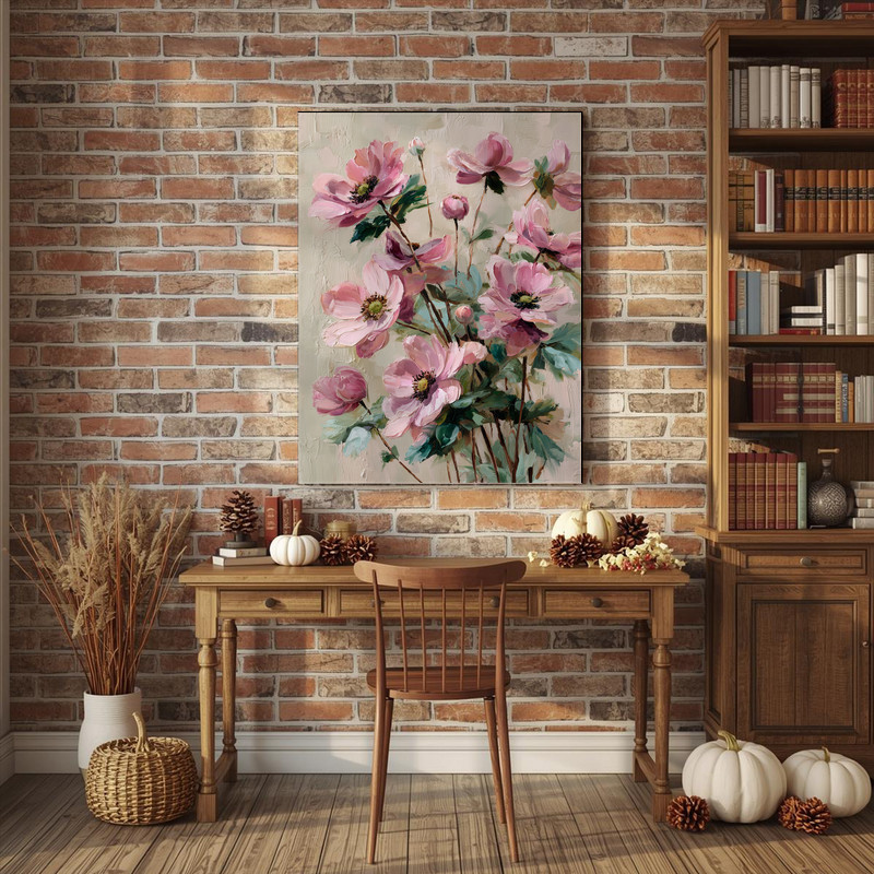 Anemones canvas wall art with coral radiance, single bloom macro with crisp edges and luminous tones, landscape layout