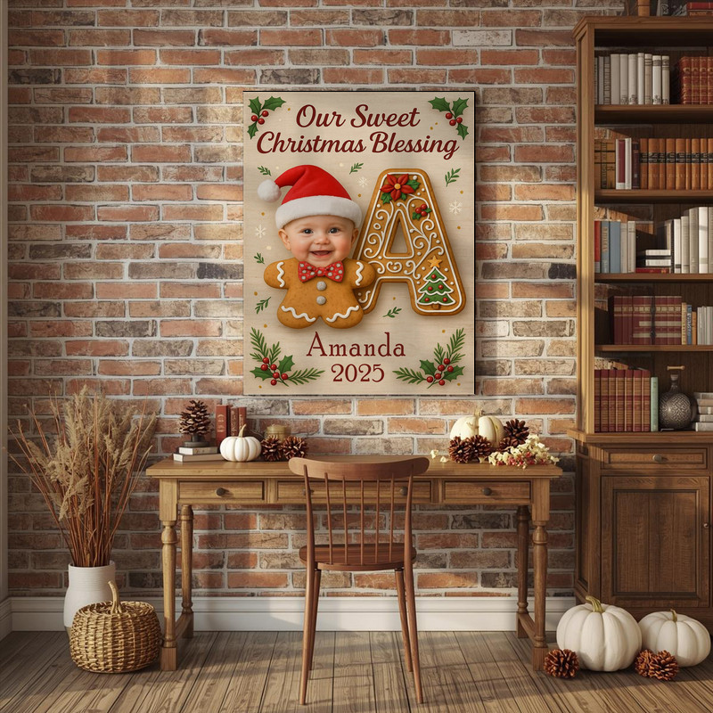 Gingerbread baby letter canvas wall art, personalized monogram keepsake for Christmas mantel display or cozy nursery decor