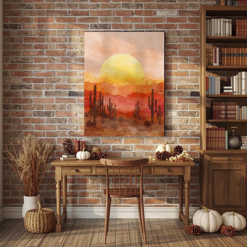 Desert harvest Thanksgiving landscape canvas wall art in a neutral palette, modern aesthetic, vertical canvas suited to dorm walls