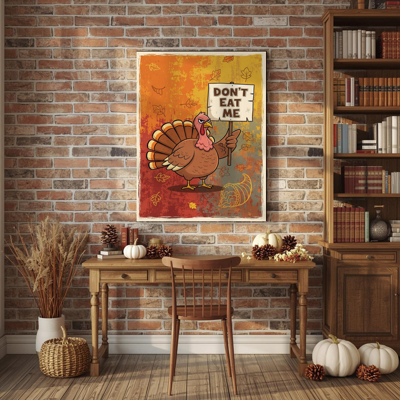 Funny Thanksgiving rustic canvas wall art with hand-drawn turkey and 'Don’t Eat Me' caption, modern rustic look, perfect dorm gift