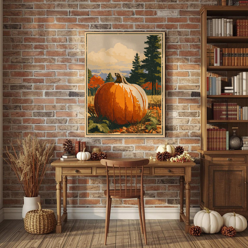 Giant pumpkin canvas wall art rendered in vintage rustic tones, close-up harvest detail to warm a modern dorm room nook