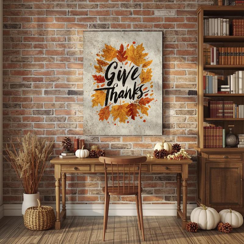 Rustic autumn canvas wall art with 'Give Thanks' quote, neutral wood texture and burnt orange leaves, cozy dorm styling