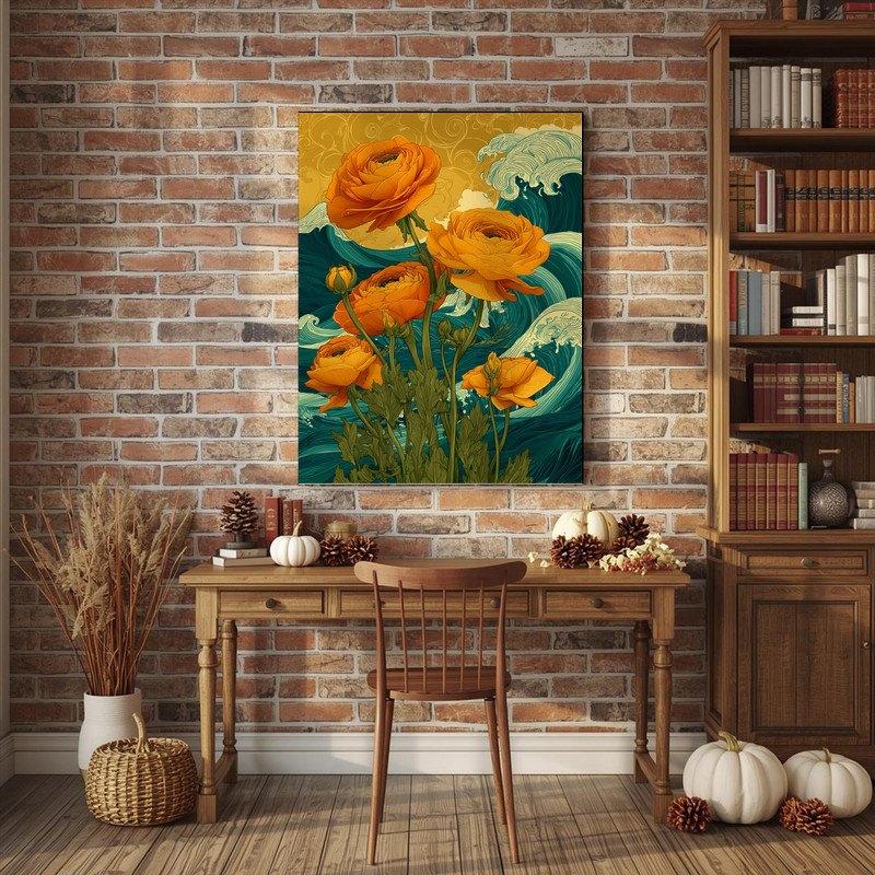 Golden Horizon ranunculi canvas wall art in landscape, golden sky meeting teal sea with airy florals, statement above a sofa