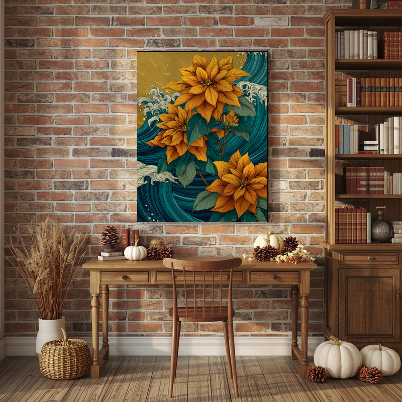 Golden sky poinsettias canvas wall art, abstract wave energy and luminous gold sky, macro bloom detail, square format Golden sky poinsettias canvas wall art, abstract wave energy and luminous gold sky, macro bloom detail, square format