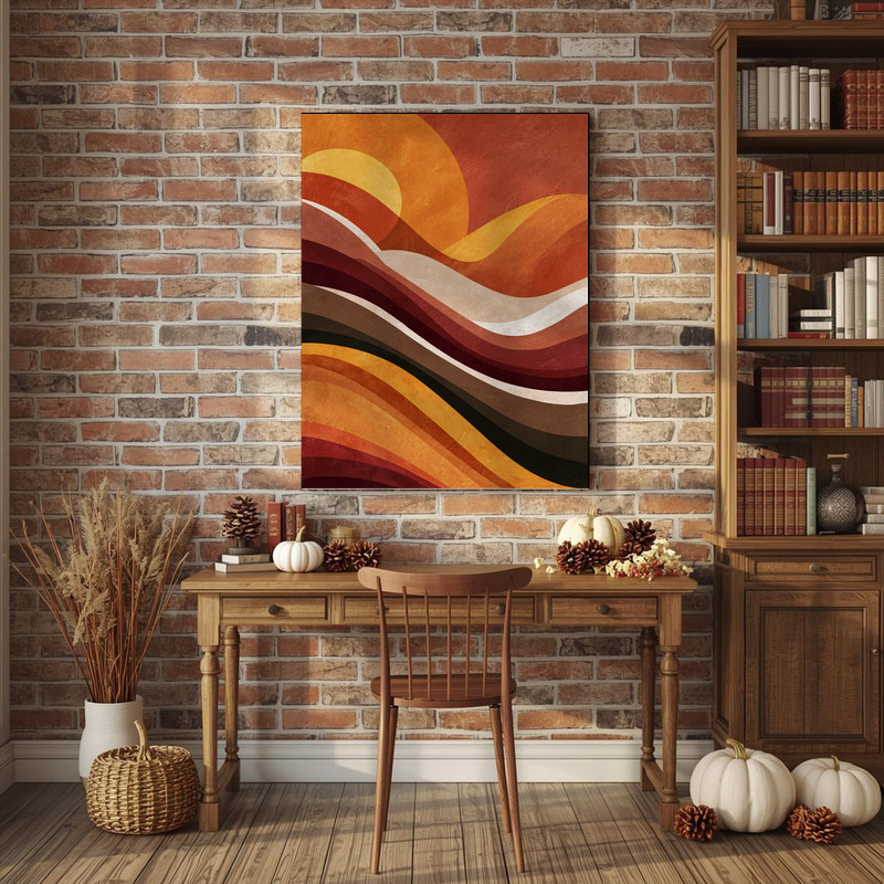 Harvest Waves abstract Thanksgiving canvas wall art, cool taupe with forest accents and undulating lines, cozy dorm aesthetic, panoramic