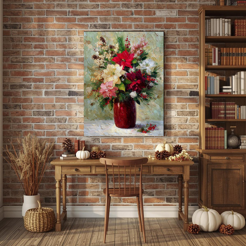 Holiday blooms canvas wall art with abstract red florals and evergreen, panoramic canvas above a dorm bed for festive cheer