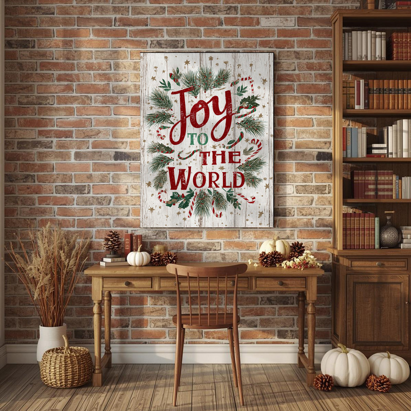 Joy to the World canvas wall art in rustic style for dorm room decor, simple text layout with gently aged, cozy aesthetic