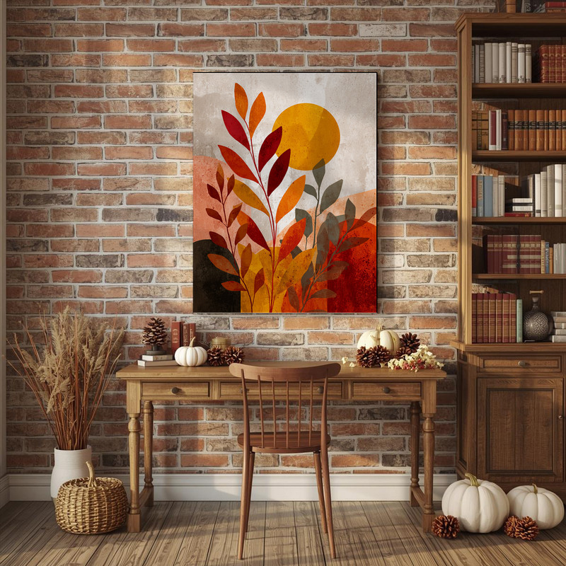 Layered autumn canvas wall art showcasing subtle terracotta arches and minimal lines, bringing a cozy warm look to dorm decor.