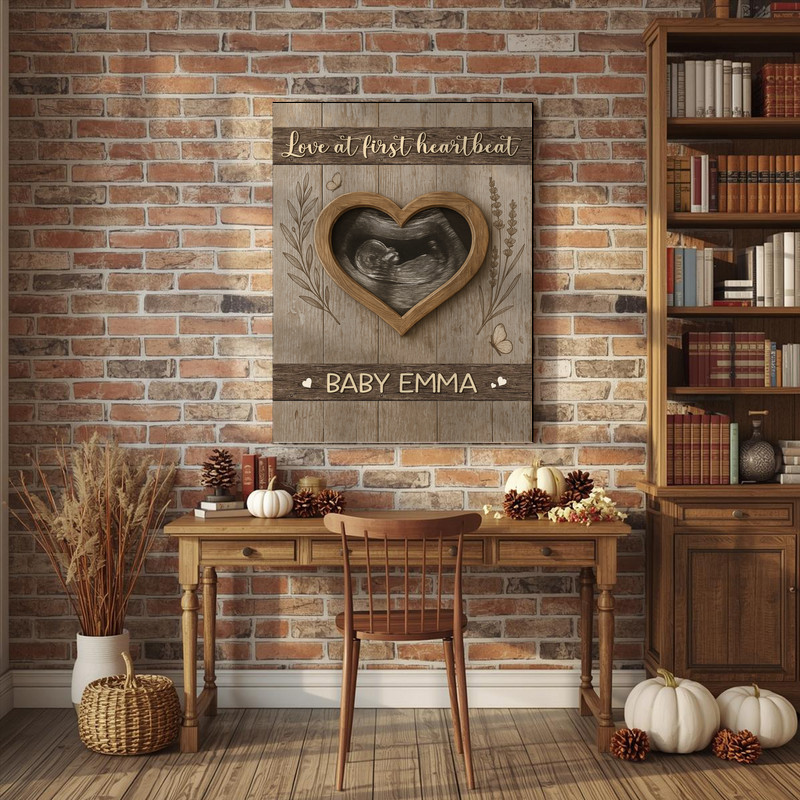 Love At First Heartbeat ultrasound canvas wall art, portrait orientation, rustic linen texture, custom name, baby gift