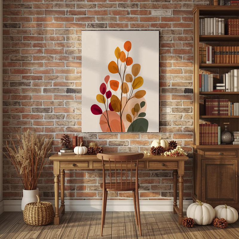Minimalist botanical canvas wall art with leaf silhouette in charcoal on cream, fall tones for Thanksgiving dorm decor