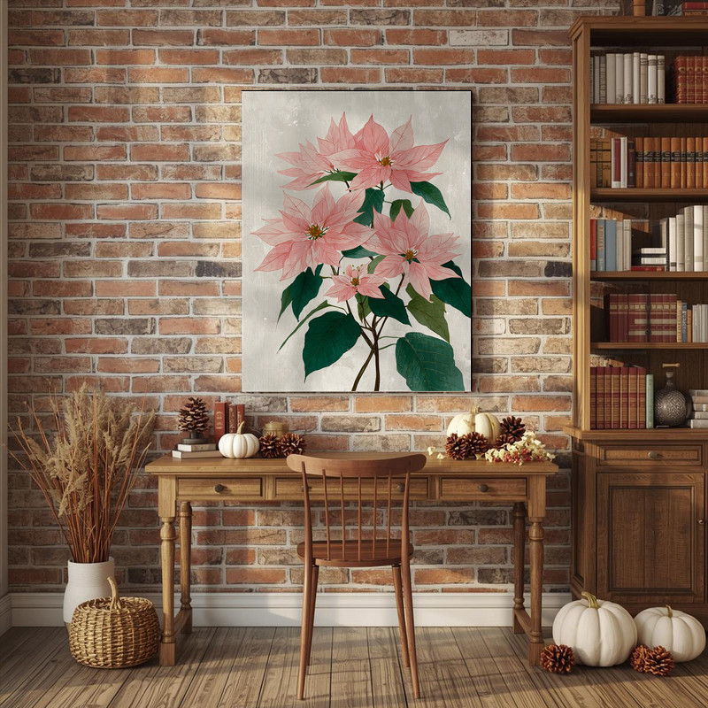 Poinsettias bloom canvas wall art, painterly minimalist florals in rich crimson, elegant Christmas gift for hostess