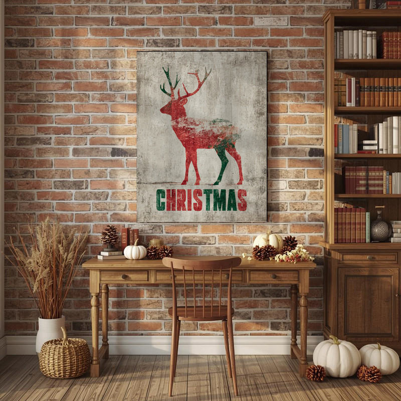 Minimalist reindeer Christmas canvas wall art, modern square design on ivory, cheerful holiday decor suited to student dorms
