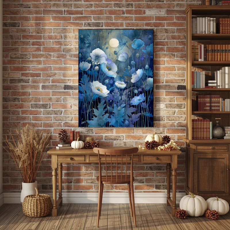 Moonlit night garden of anemones canvas wall art, tranquil floral scene, elegant housewarming gift to elevate a restful primary bedroom Moonlit night garden of anemones canvas wall art, tranquil floral scene, elegant housewarming gift to elevate a restful primary bedroom
