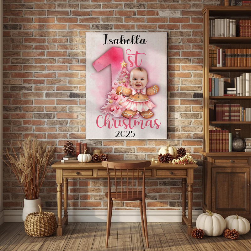Baby girl first Christmas canvas wall art in pastel pink, gingerbread ballerina tutu, personalized name, nursery decor Baby girl first Christmas canvas wall art in pastel pink, gingerbread ballerina tutu, personalized name, nursery decor