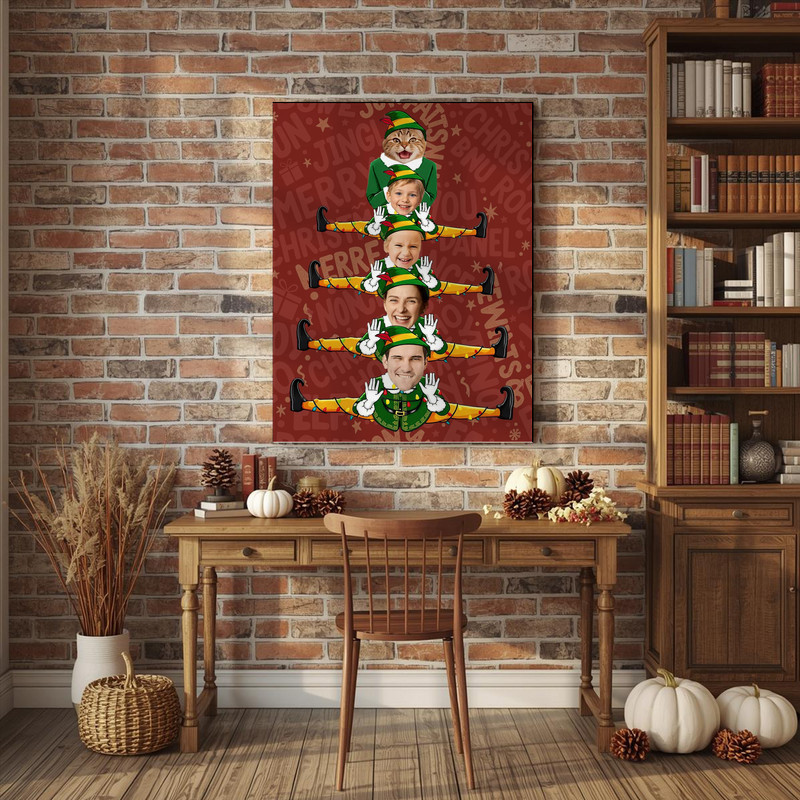 Elf family Christmas tree canvas wall art, black with gold accents, two elves, heart by names, personalized wedding year gift