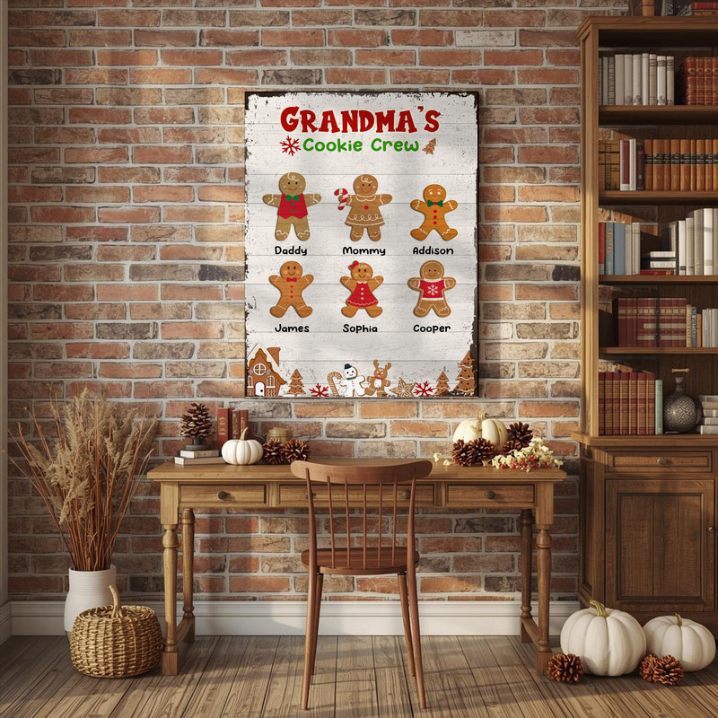 Grandma’s Cookie Crew Christmas canvas wall art, funny gingerbread family design custom with grandkids’ names for Grandma