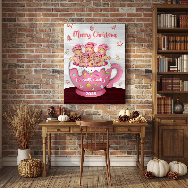 Pink gingerbread family cocoa cup Christmas canvas wall art, custom names and year, sweet nursery or playroom holiday decor Pink gingerbread family cocoa cup Christmas canvas wall art, custom names and year, sweet nursery or playroom holiday decor