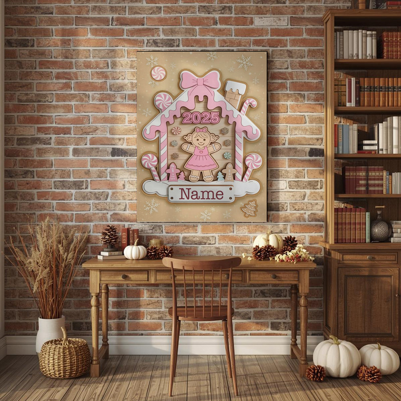 Personalized pink gingerbread canvas wall art with baby name, charming nursery wall decor for a baby girl’s first Christmas Personalized pink gingerbread canvas wall art with baby name, charming nursery wall decor for a baby girl’s first Christmas