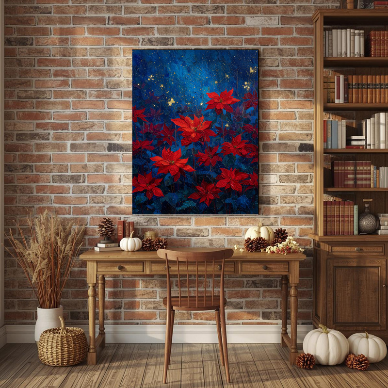 Poinsettias night garden canvas wall art, holiday watercolor for living room decor, deep blues with festive crimson flowers