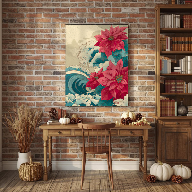 Japanese-inspired poinsettias and ocean waves canvas wall art, coastal tones, red blooms over slate waves, floater frame