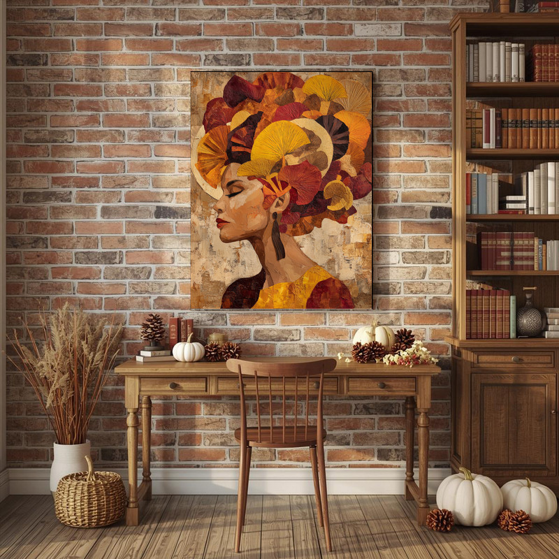 Portrait of a woman with an extravagant headdress canvas wall art, oversized feel with neutrals to complement dorm bedding