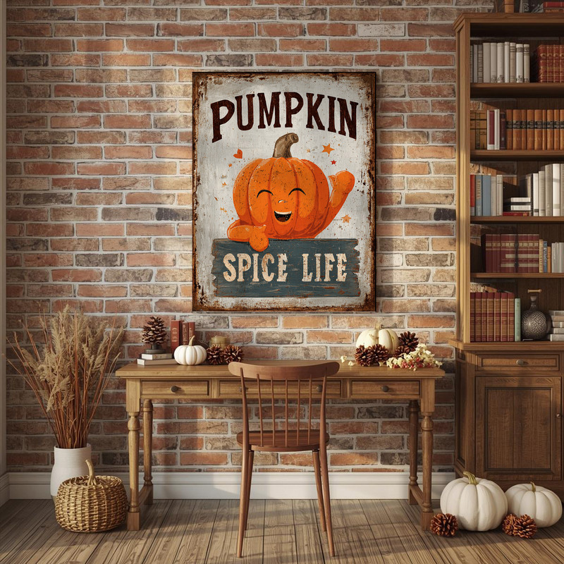 Pumpkin spice life meme canvas wall art, cozy farmhouse style with coffee cup, square format, Thanksgiving dorm decor