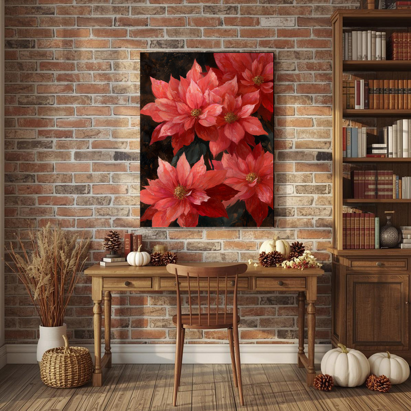Red poinsettias canvas wall art, rustic fine art portrait with warm earth tones, accent for entryway or dining room decor