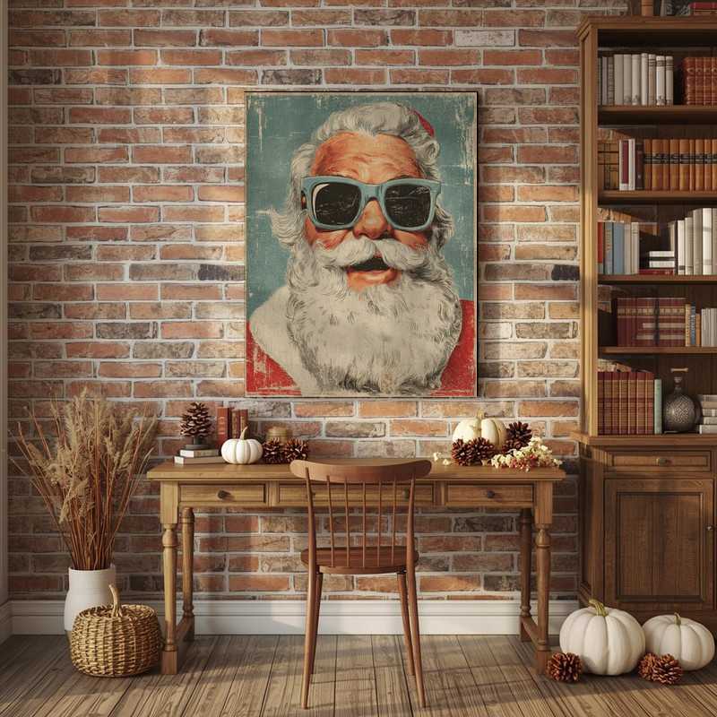 Retro Santa canvas wall art in muted pastel palette with vintage patina, subtle Christmas accent for minimalist dorm decor.