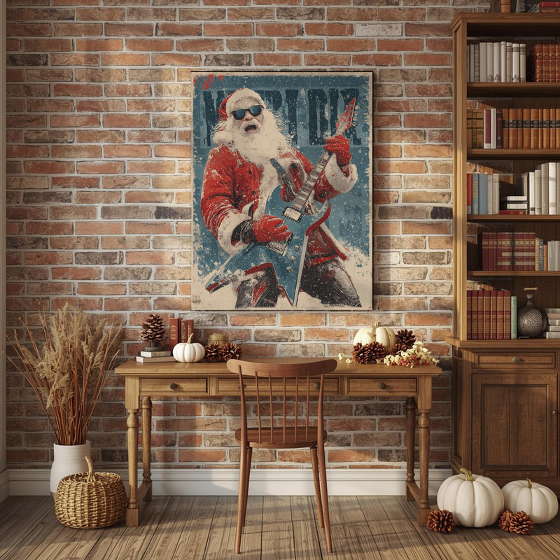 Rockstar Santa holiday canvas wall art, rustic retro charm and lightly worn look, cozy Christmas accent for dorm room walls