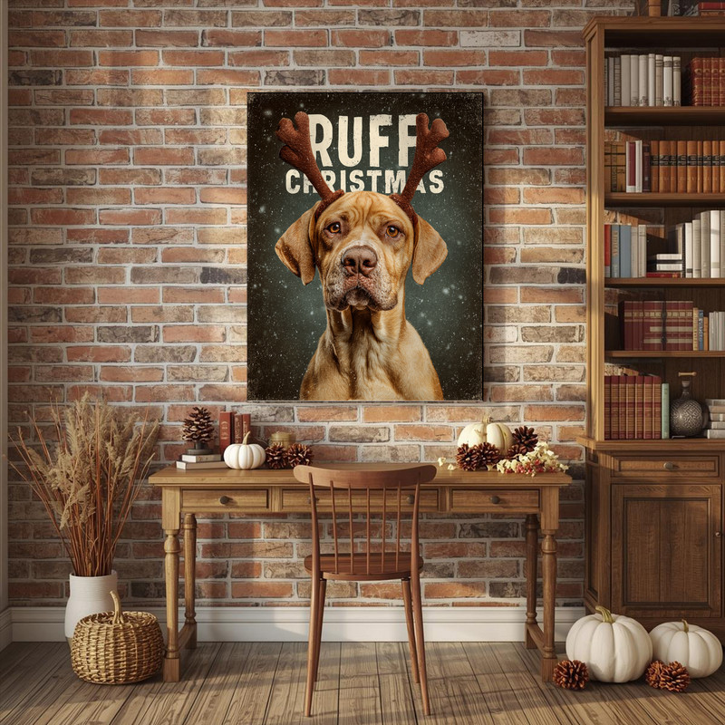Ruff Christmas dog meme canvas wall art featuring snowy backdrop, playful puppy close-up, cheerful pun, portrait canvas for dorms
