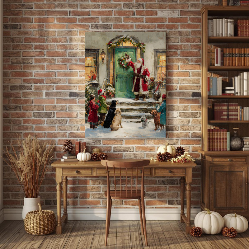 Santa on the step with green door canvas wall art, lantern-lit doorstep and wreath, warm glow for cozy living room
