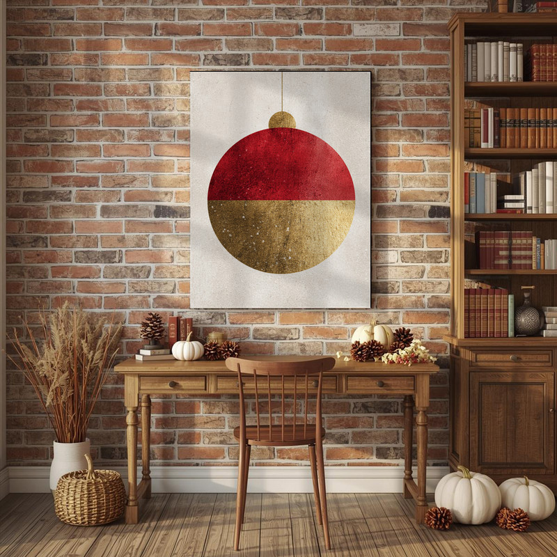 Simple Christmas canvas wall art, minimalist holiday ornament design suited to dorm room walls, crisp modern look, landscape.