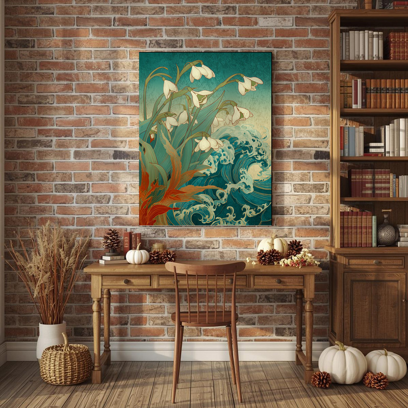 Snowdrops & Waves Harmony canvas wall art, light cream and aqua tones with floral and surf accents, calming dining room